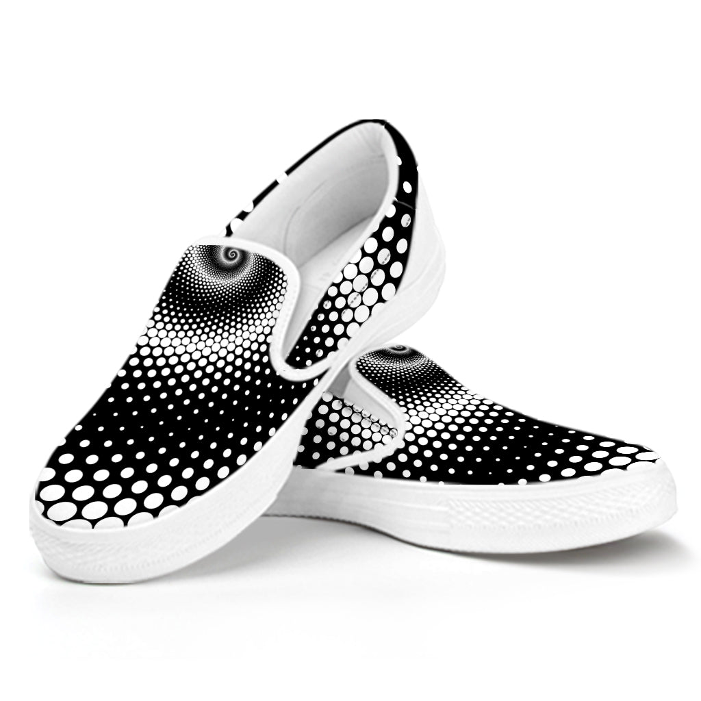 Black And White Spiral Dot Print White Slip On Shoes