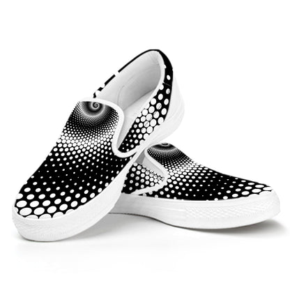 Black And White Spiral Dot Print White Slip On Shoes