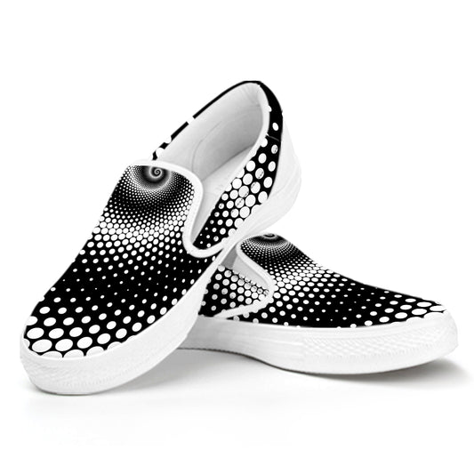 Black And White Spiral Dot Print White Slip On Shoes