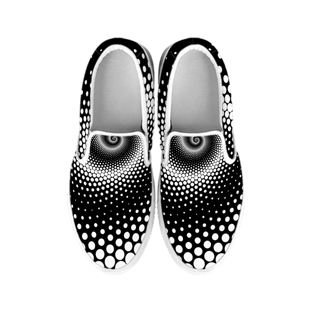 Black And White Spiral Dot Print White Slip On Shoes
