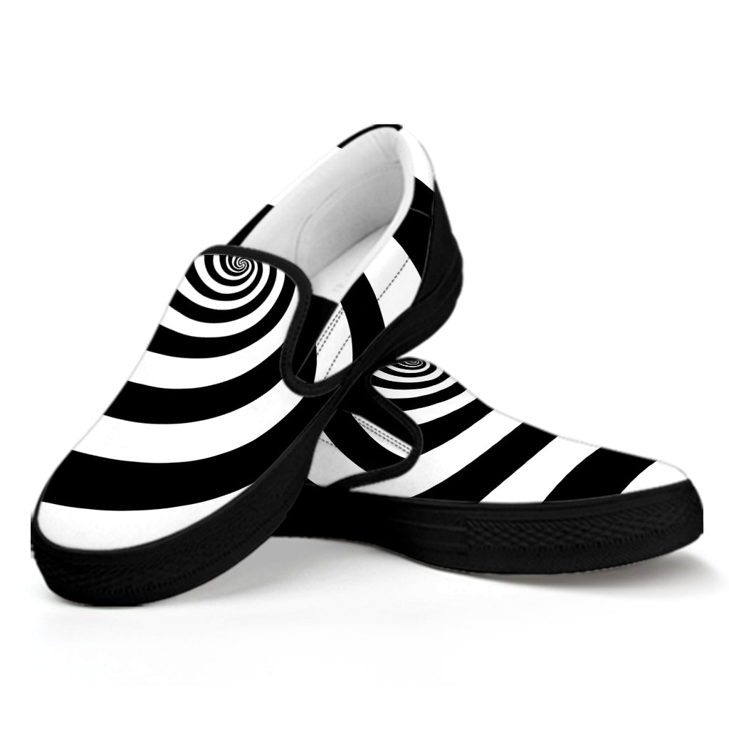 Black And White Spiral Illusion Print Black Slip On Shoes