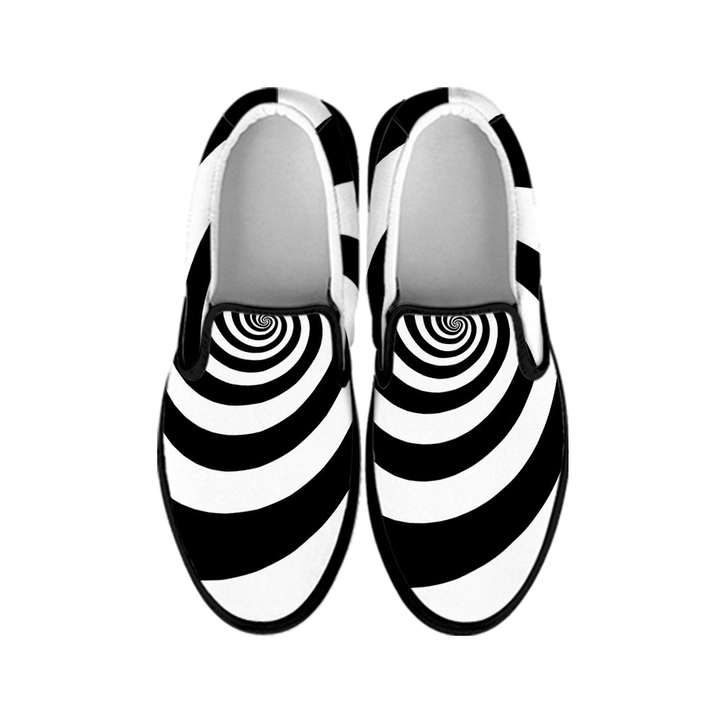 Black And White Spiral Illusion Print Black Slip On Shoes