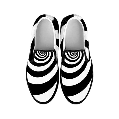 Black And White Spiral Illusion Print Black Slip On Shoes