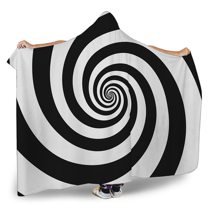 Black And White Spiral Illusion Print Hooded Blanket
