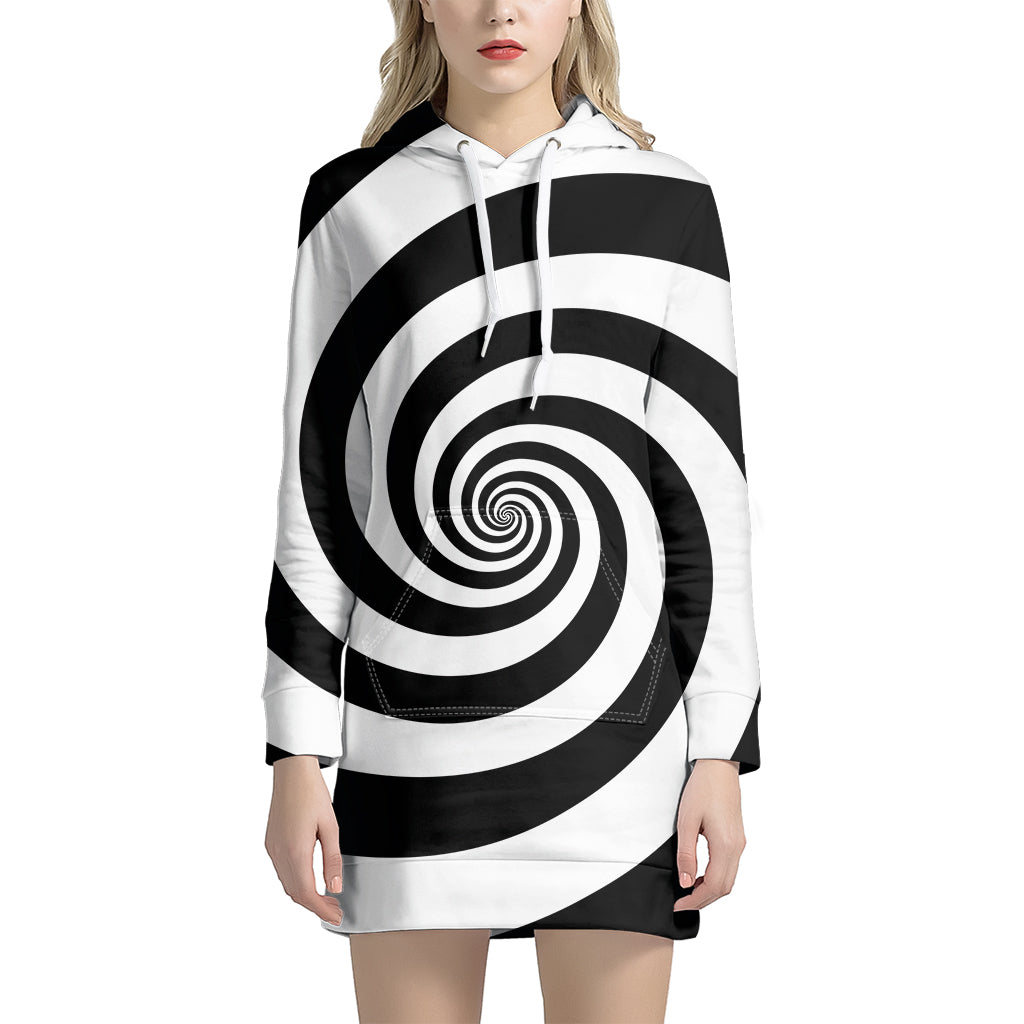 Black And White Spiral Illusion Print Hoodie Dress