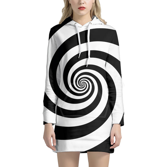 Black And White Spiral Illusion Print Hoodie Dress