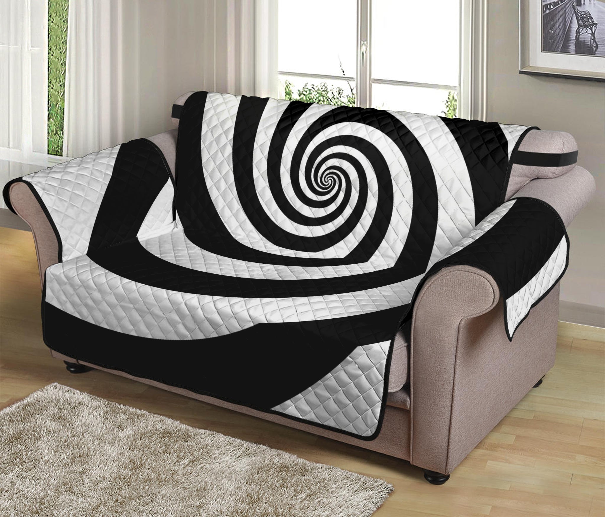 Black And White Spiral Illusion Print Loveseat Protector