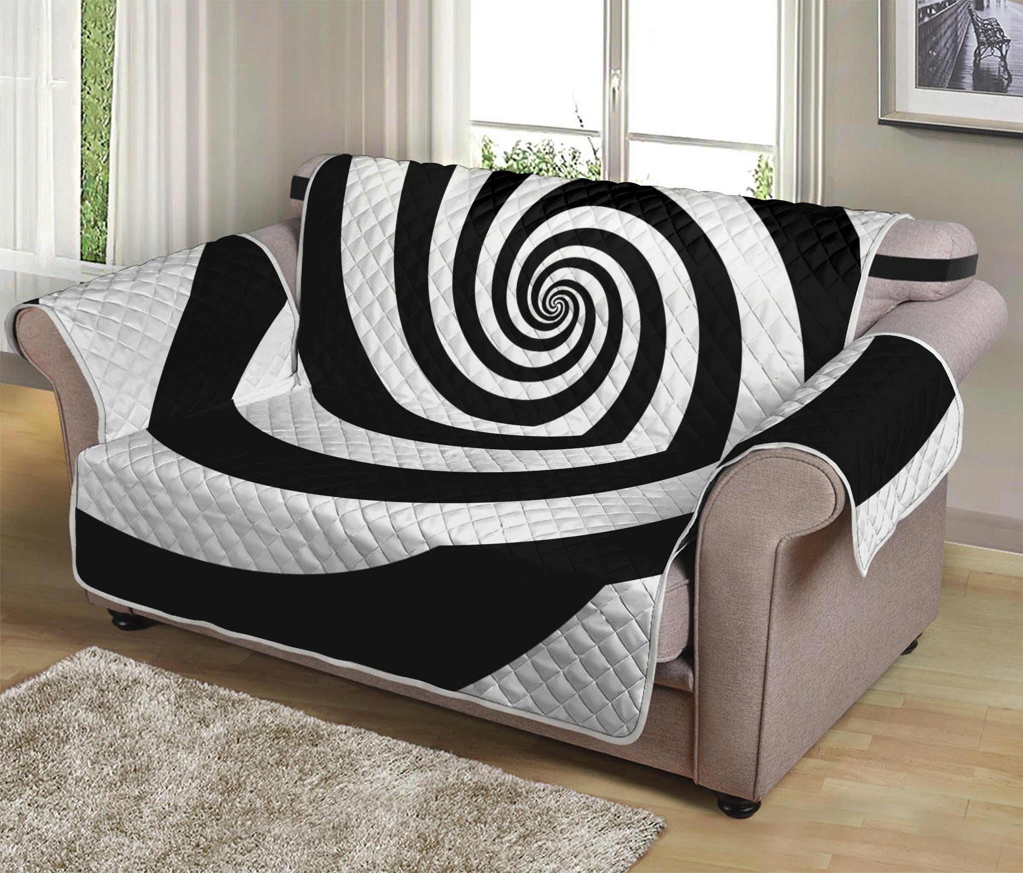 Black And White Spiral Illusion Print Loveseat Protector