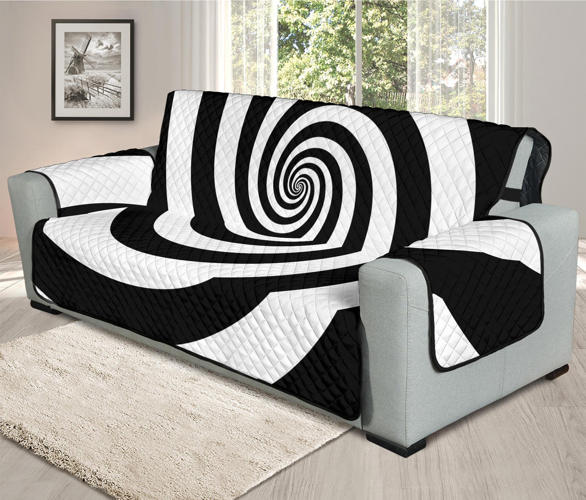 Black And White Spiral Illusion Print Oversized Sofa Protector