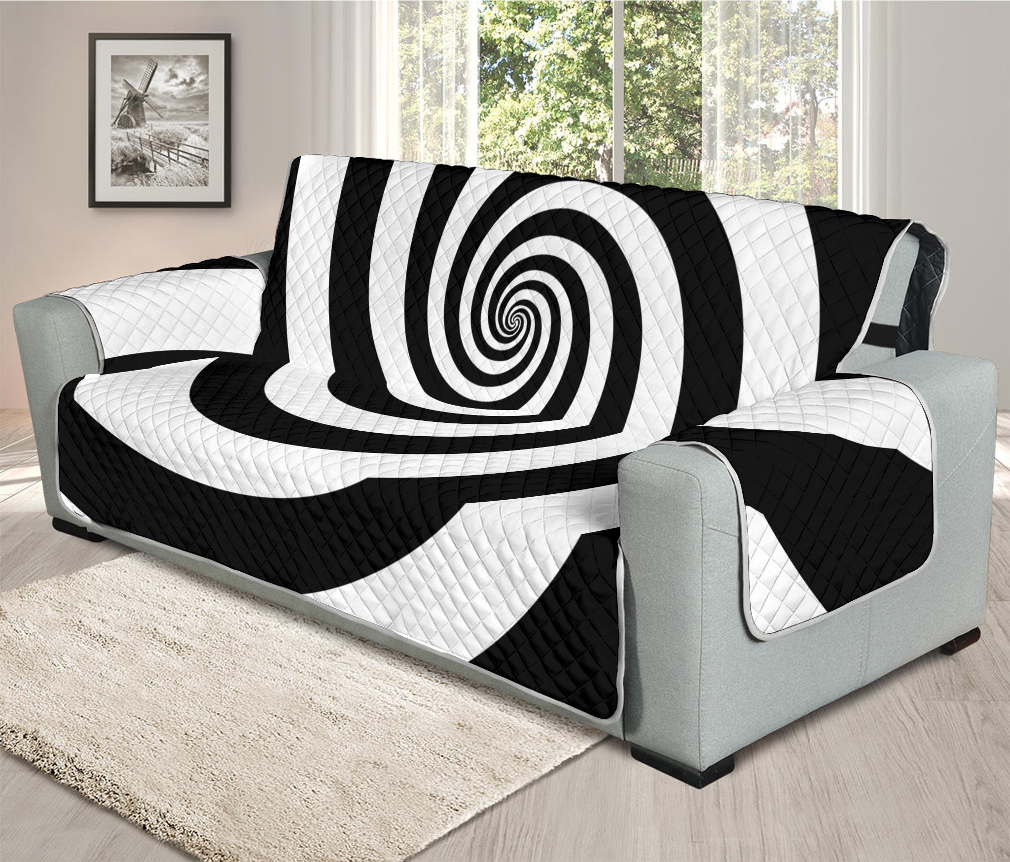 Black And White Spiral Illusion Print Oversized Sofa Protector