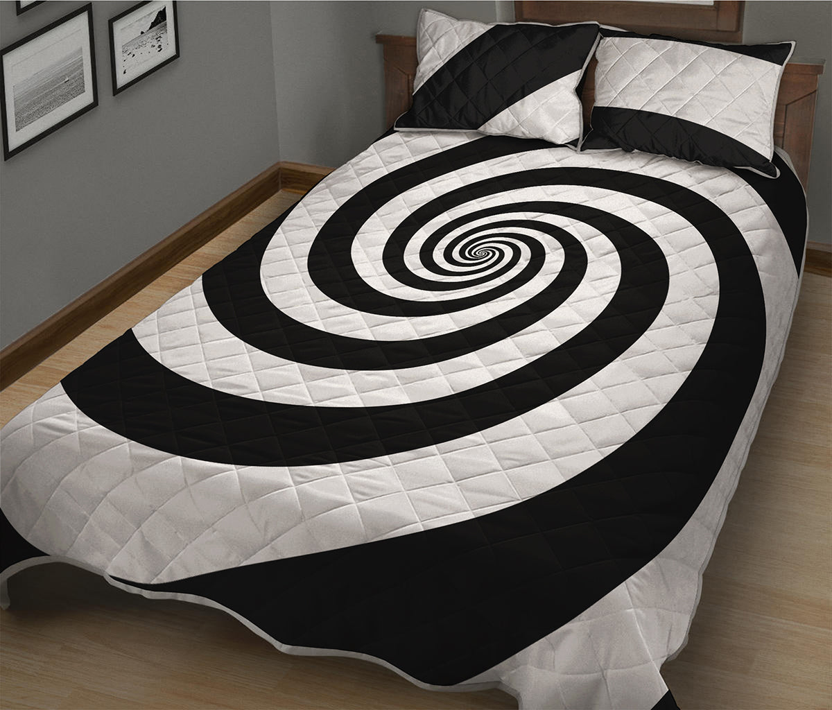 Black And White Spiral Illusion Print Quilt Bed Set