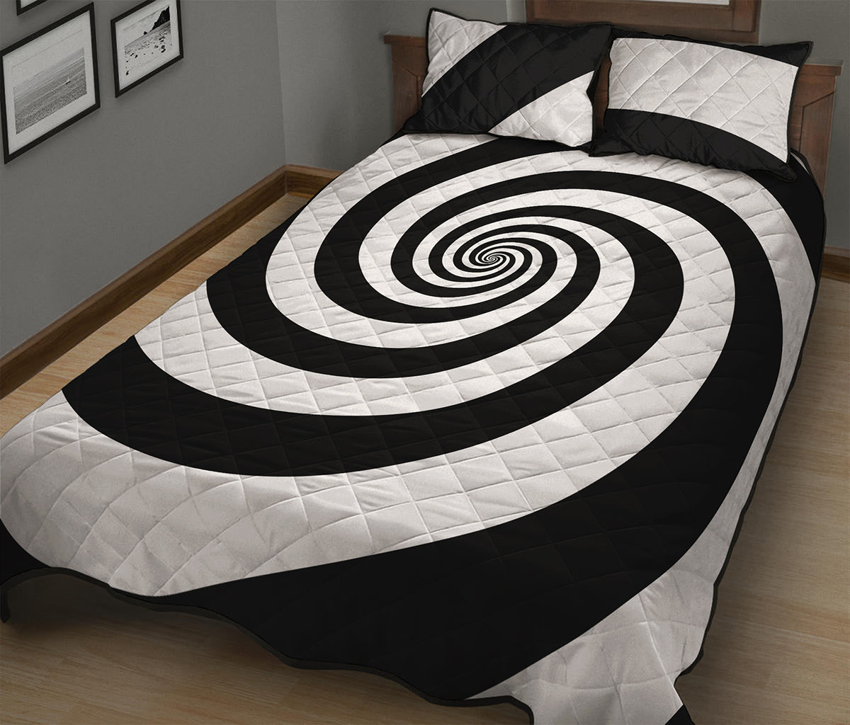 Black And White Spiral Illusion Print Quilt Bed Set