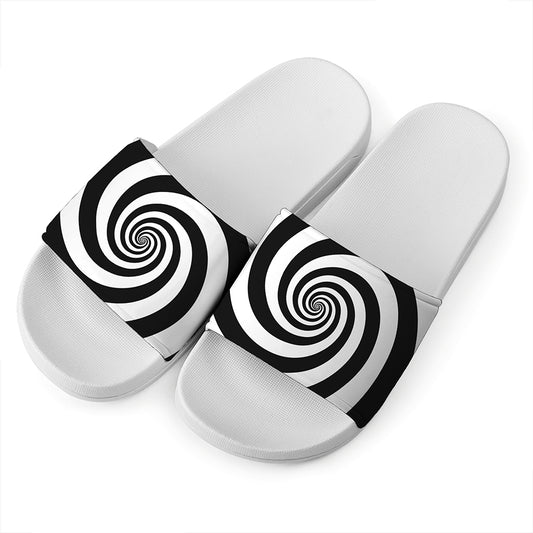 Black And White Spiral Illusion Print White Slide Sandals