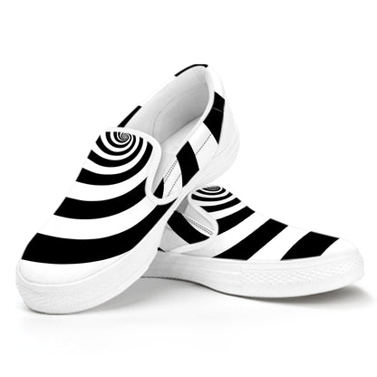 Black And White Spiral Illusion Print White Slip On Shoes