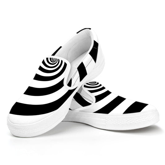 Black And White Spiral Illusion Print White Slip On Shoes