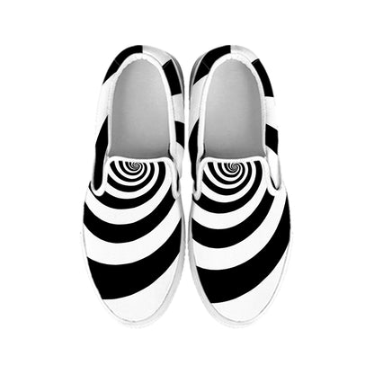Black And White Spiral Illusion Print White Slip On Shoes