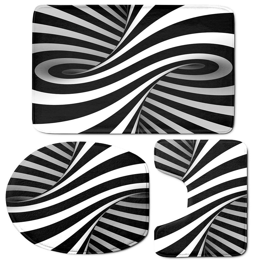 Black And White Spiral Twist Illusion Print 3 Piece Bath Mat Set