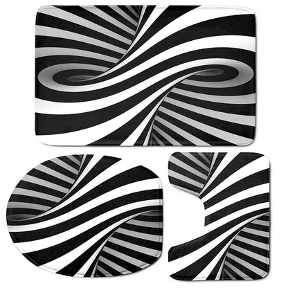 Black And White Spiral Twist Illusion Print 3 Piece Bath Mat Set
