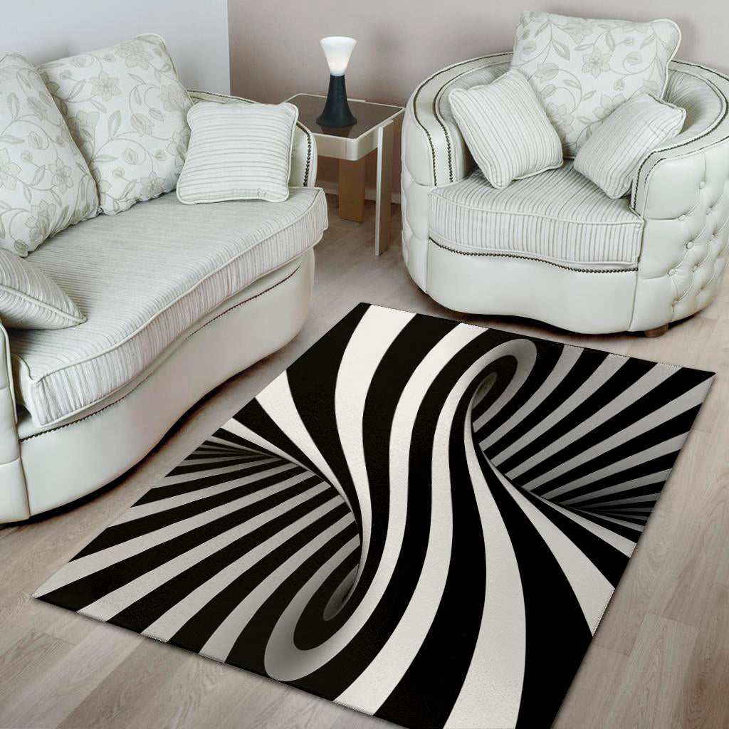 Black And White Spiral Twist Illusion Print Area Rug