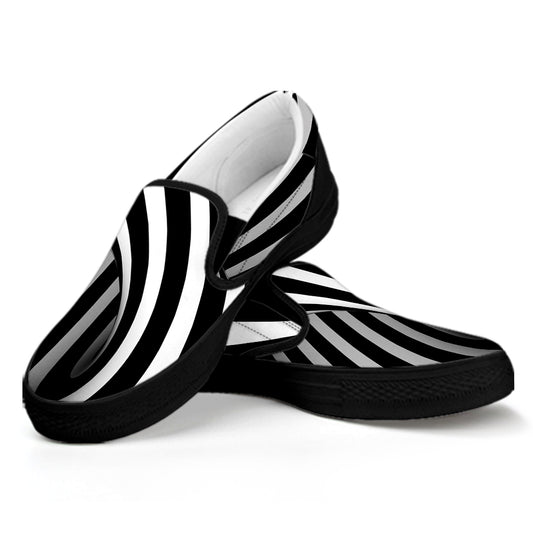 Black And White Spiral Twist Illusion Print Black Slip On Shoes