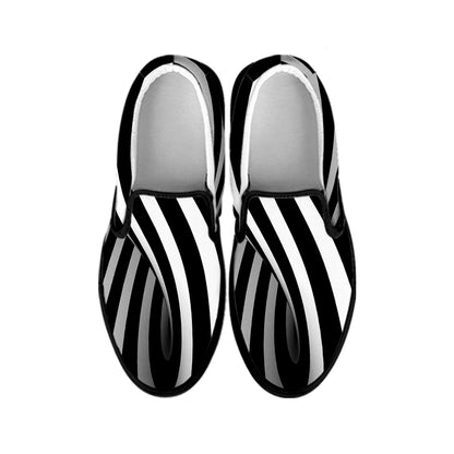 Black And White Spiral Twist Illusion Print Black Slip On Shoes