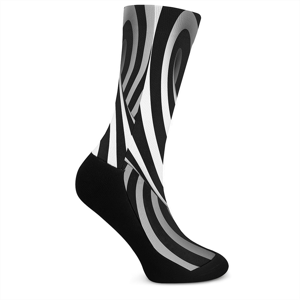 Black And White Spiral Twist Illusion Print Crew Socks