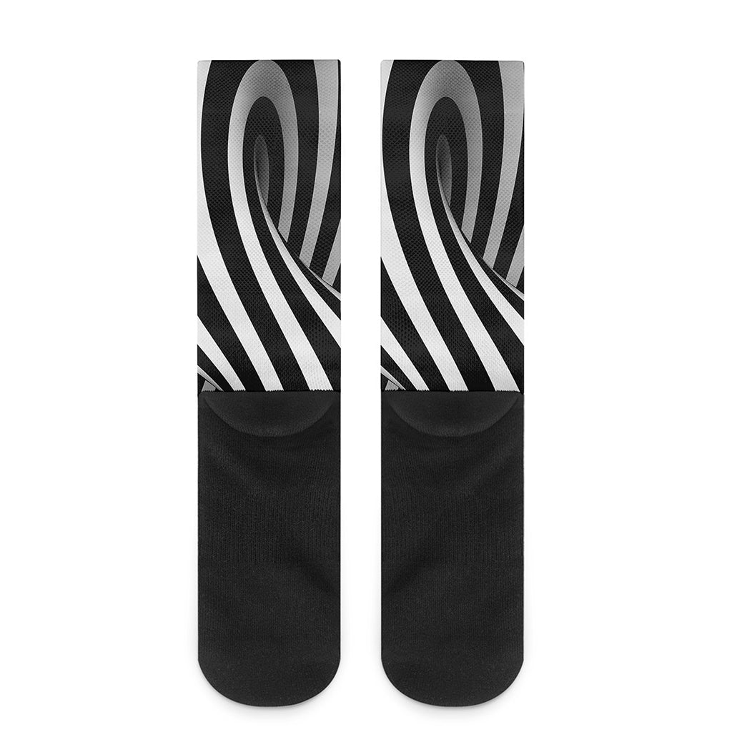 Black And White Spiral Twist Illusion Print Crew Socks