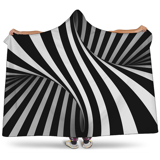 Black And White Spiral Twist Illusion Print Hooded Blanket