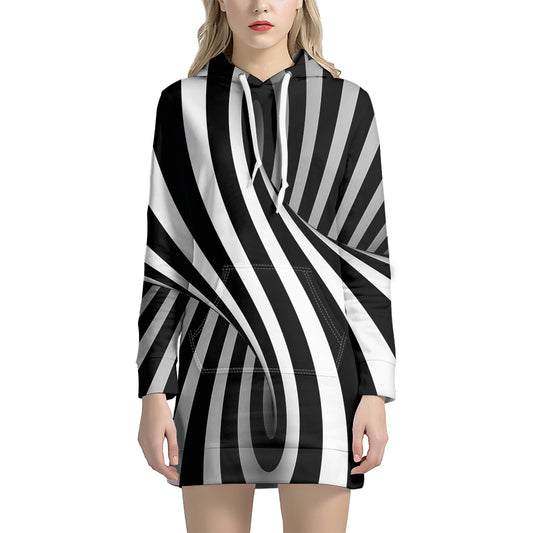 Black And White Spiral Twist Illusion Print Hoodie Dress