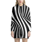 Black And White Spiral Twist Illusion Print Hoodie Dress