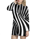 Black And White Spiral Twist Illusion Print Hoodie Dress