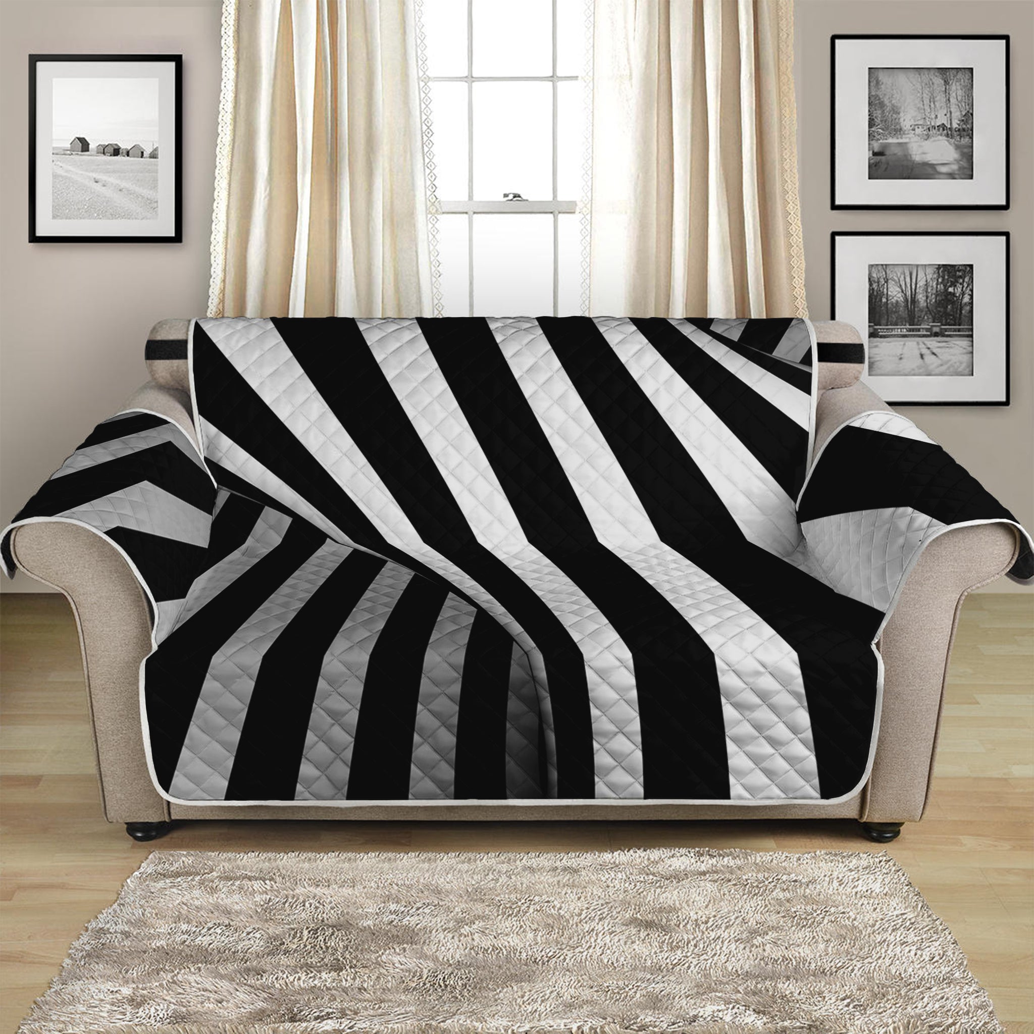 Black And White Spiral Twist Illusion Print Loveseat Protector