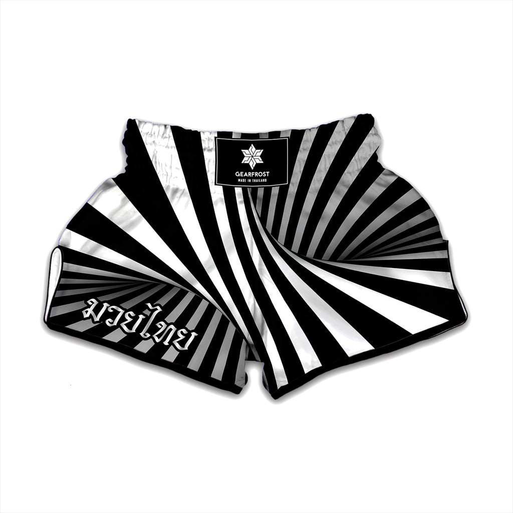 Black And White Spiral Twist Illusion Print Muay Thai Boxing Shorts