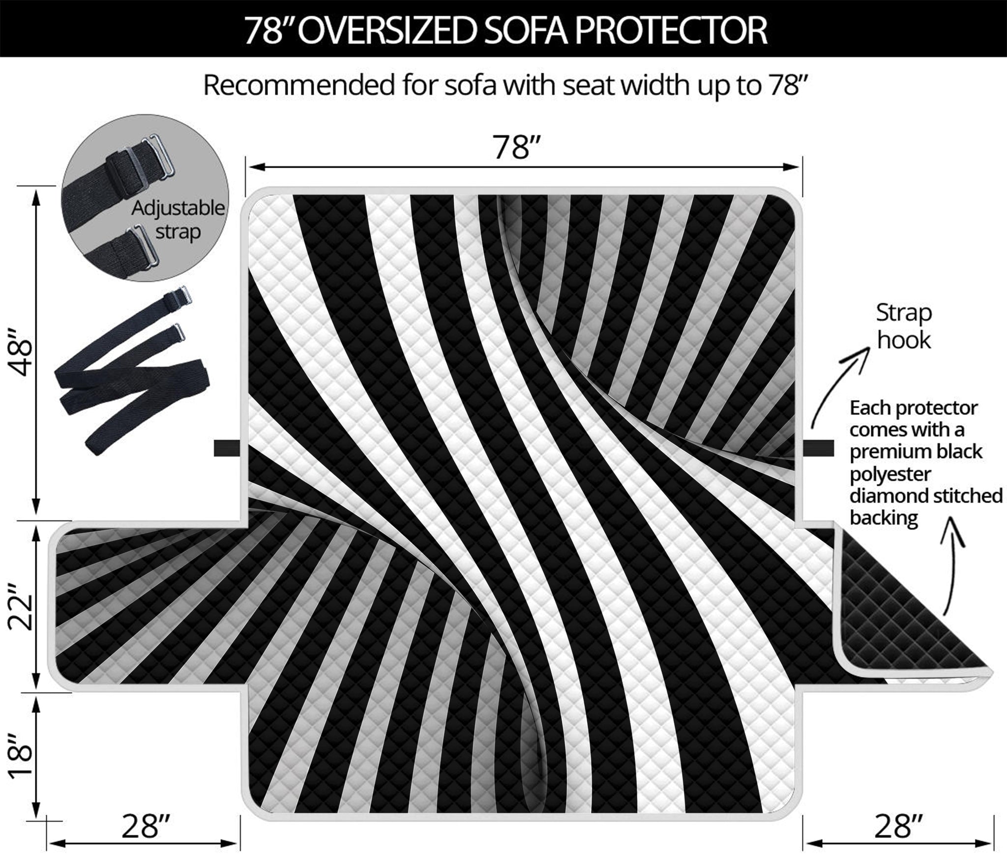 Black And White Spiral Twist Illusion Print Oversized Sofa Protector