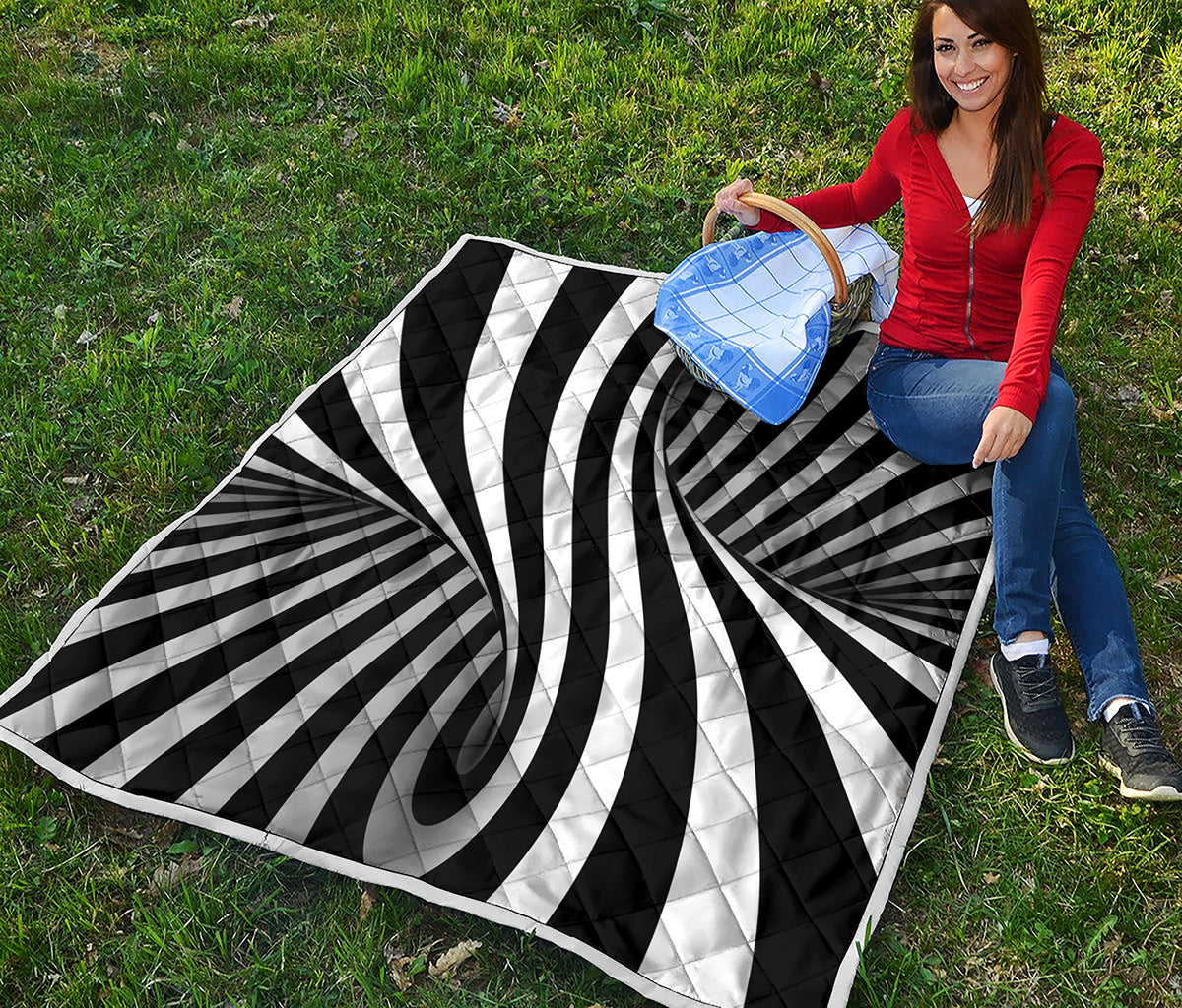Black And White Spiral Twist Illusion Print Quilt