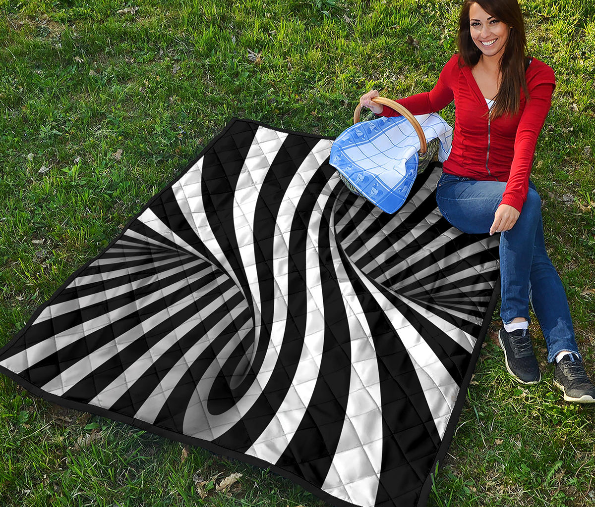 Black And White Spiral Twist Illusion Print Quilt