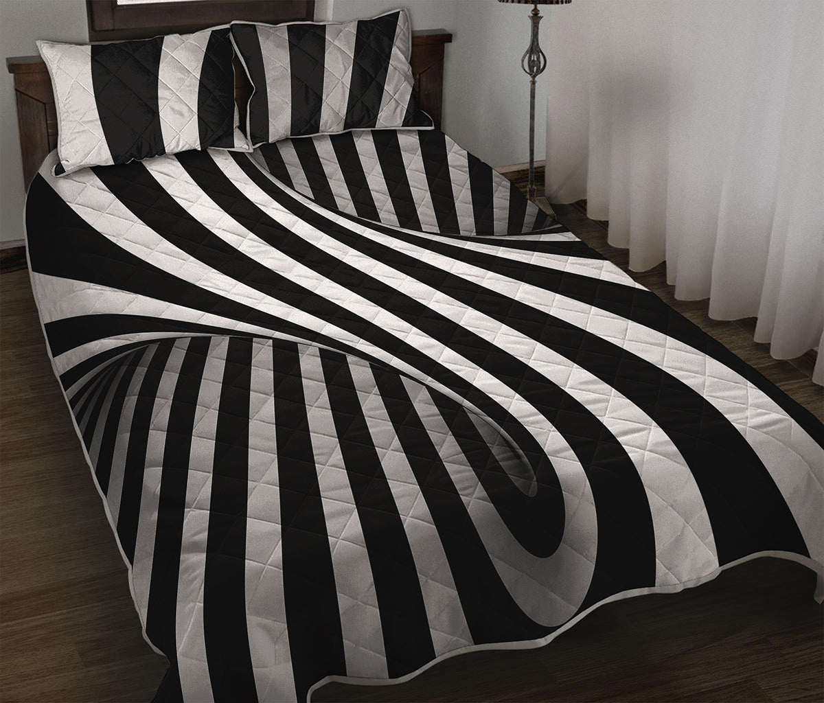 Black And White Spiral Twist Illusion Print Quilt Bed Set
