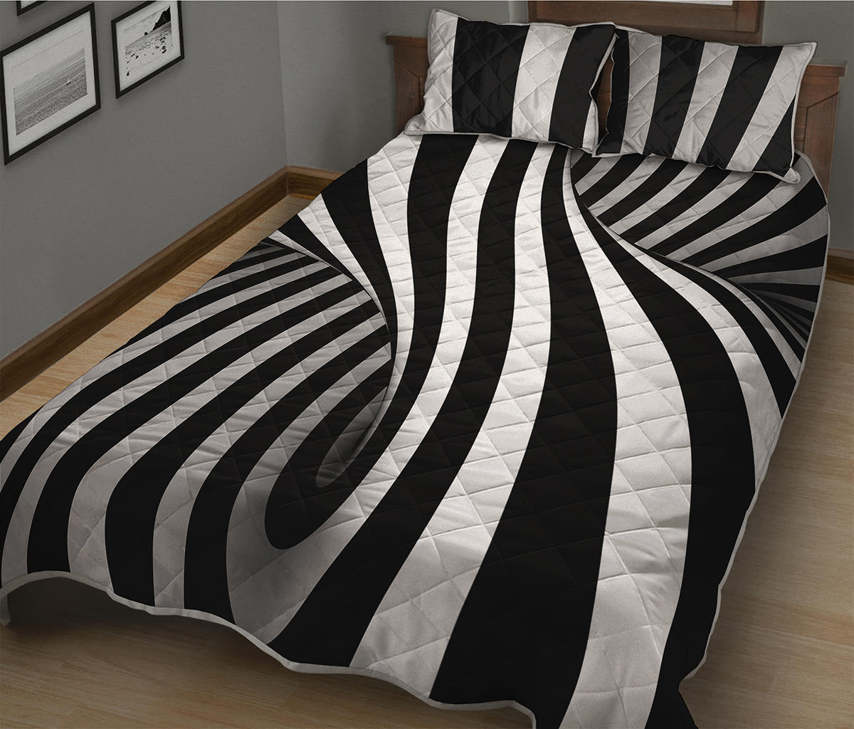 Black And White Spiral Twist Illusion Print Quilt Bed Set