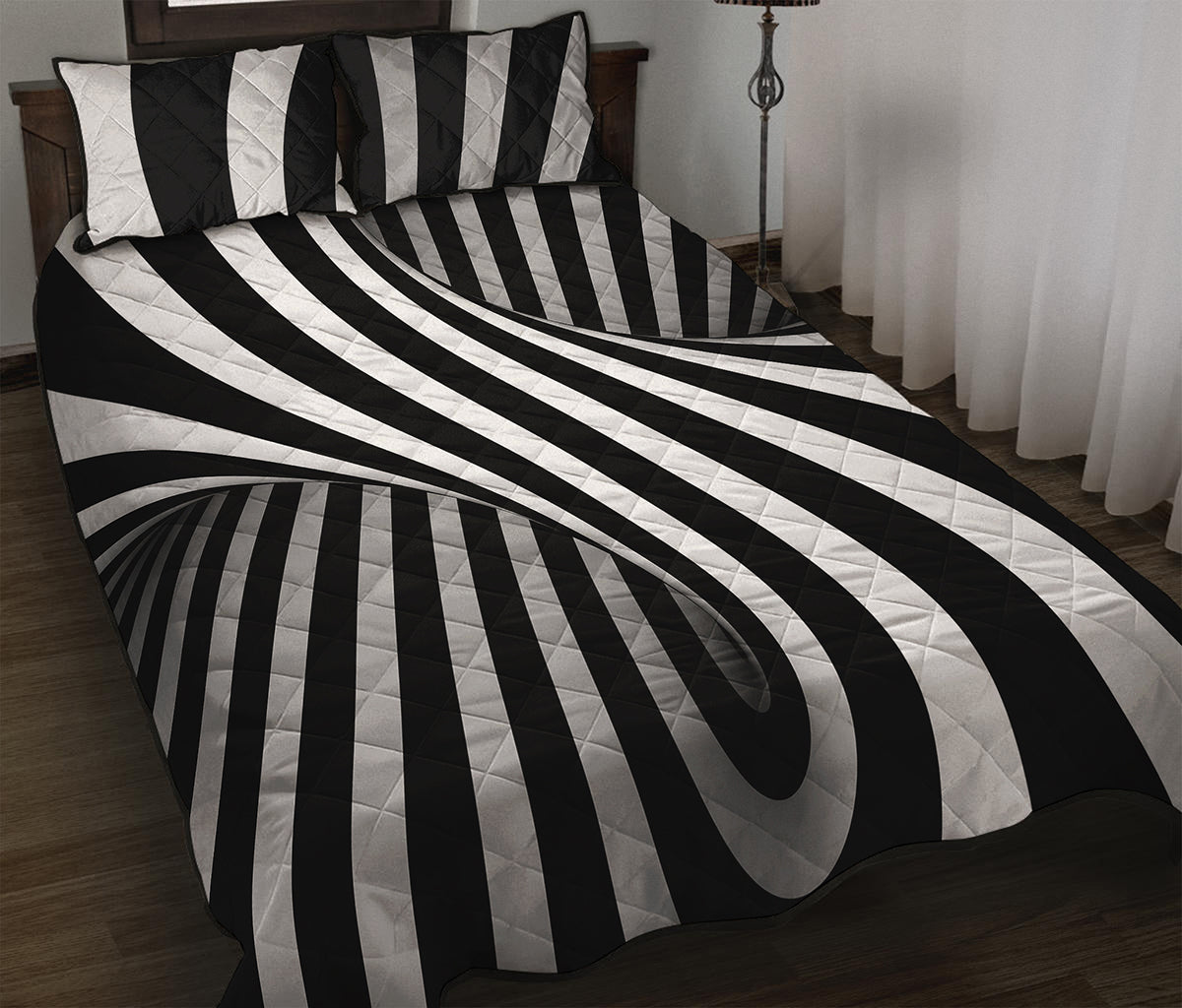 Black And White Spiral Twist Illusion Print Quilt Bed Set
