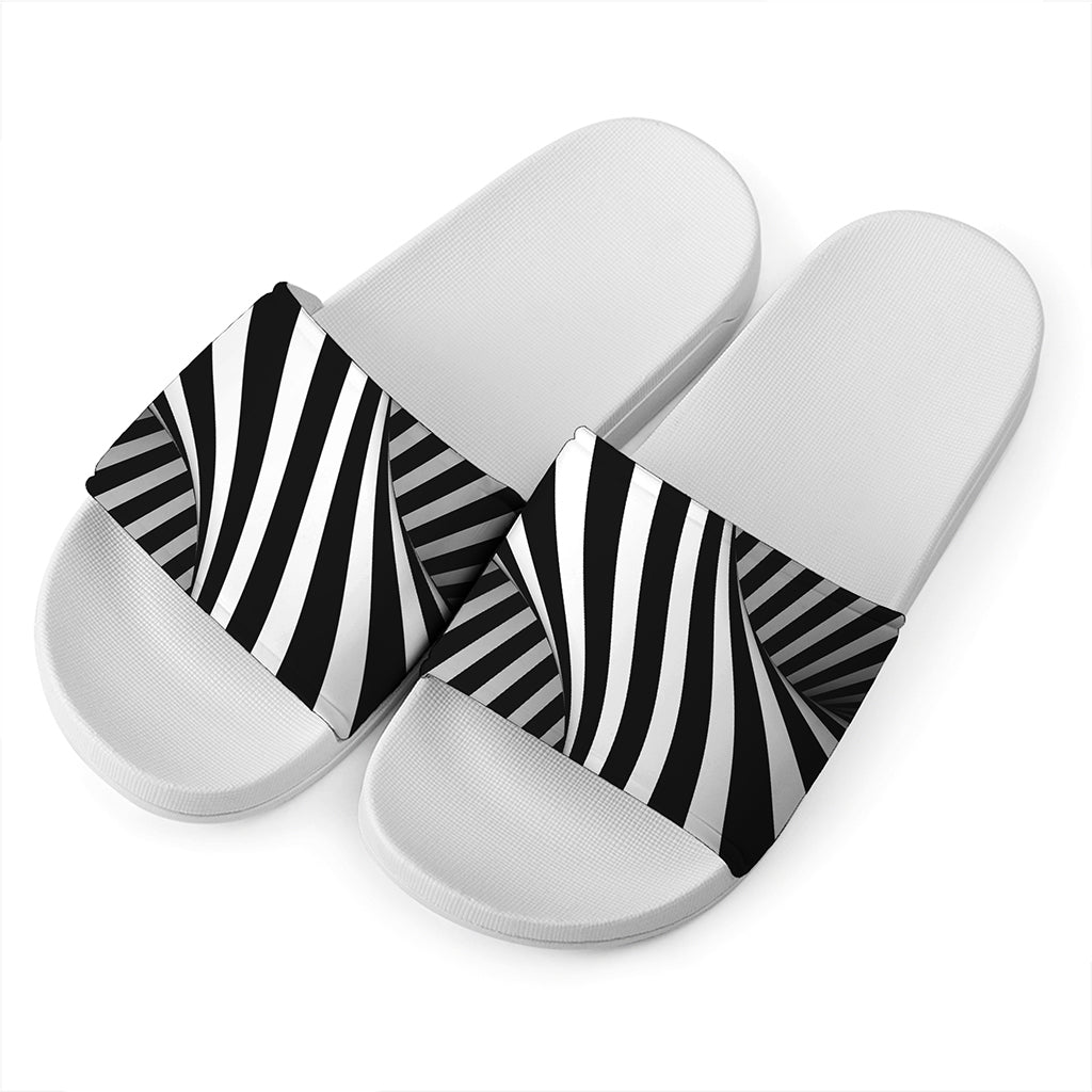 Black And White Spiral Twist Illusion Print White Slide Sandals