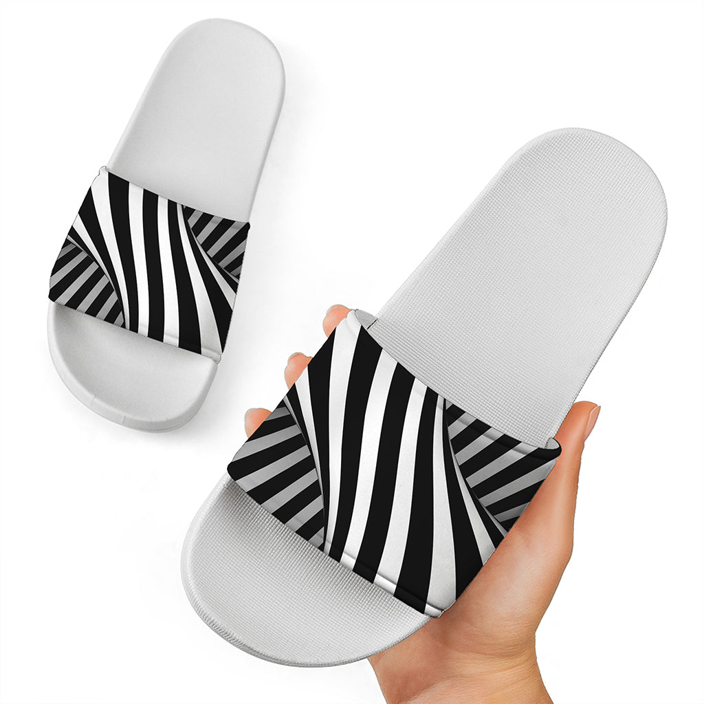 Black And White Spiral Twist Illusion Print White Slide Sandals