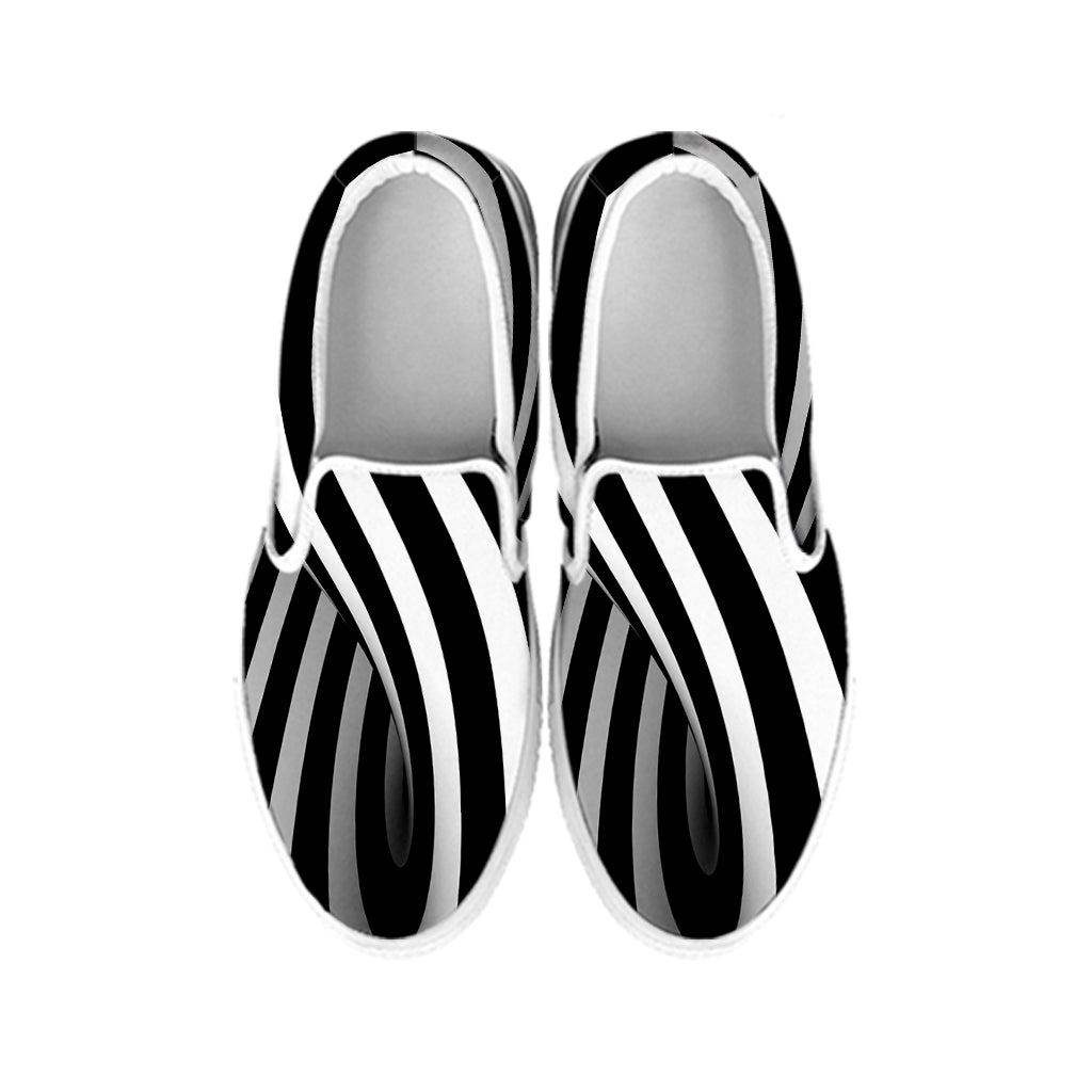 Black And White Spiral Twist Illusion Print White Slip On Shoes