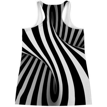 Black And White Spiral Twist Illusion Print Women's Racerback Tank Top