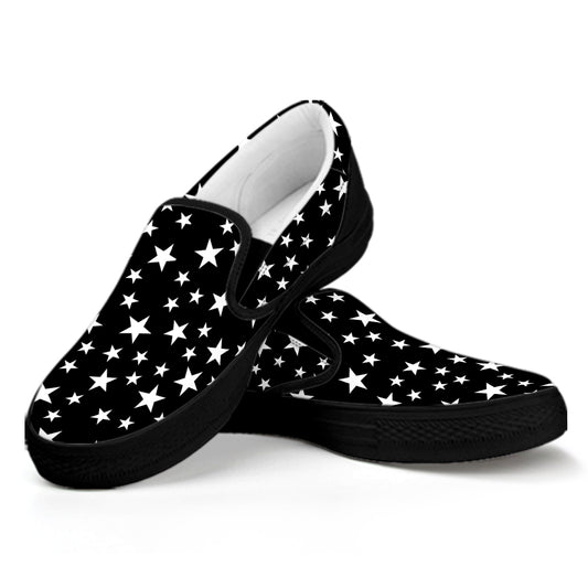 Black And White Star Pattern Print Black Slip On Shoes