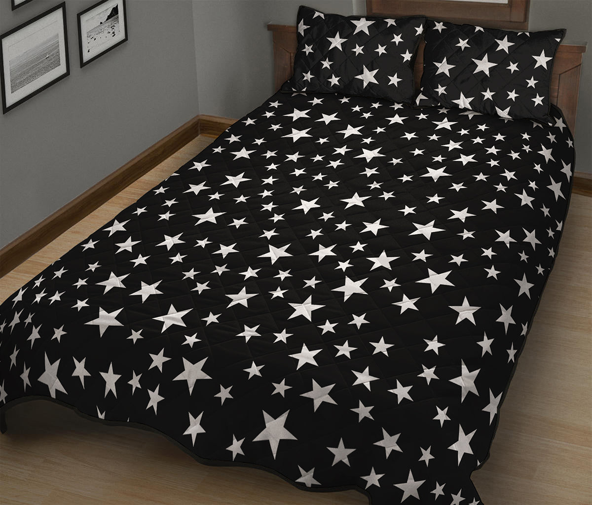 Black And White Star Pattern Print Quilt Bed Set