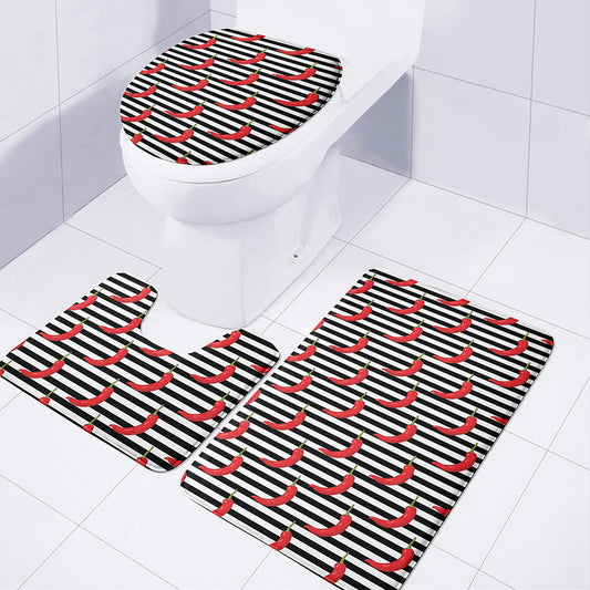 Black And White Striped Chili Print 3 Piece Bath Mat Set