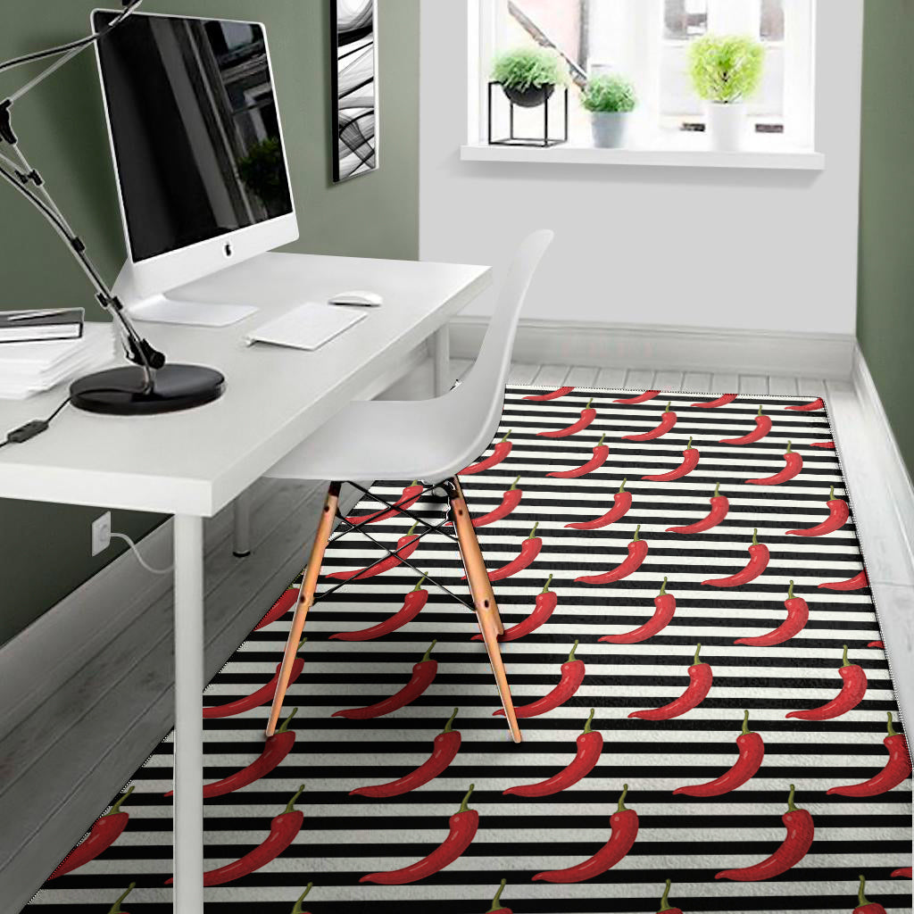 Black And White Striped Chili Print Area Rug