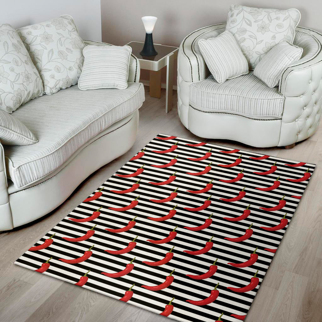 Black And White Striped Chili Print Area Rug