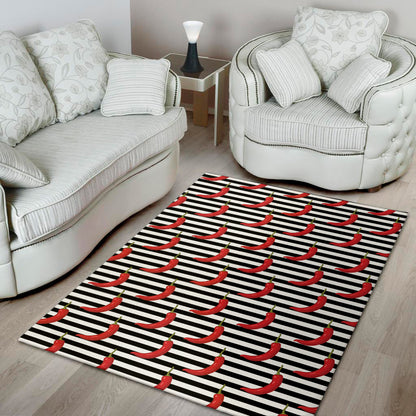 Black And White Striped Chili Print Area Rug