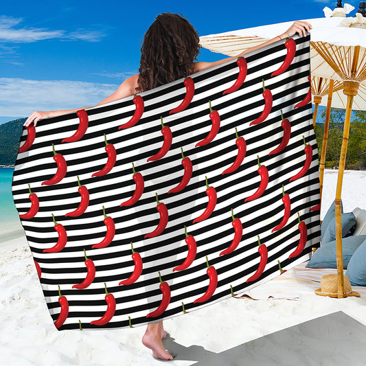 Black And White Striped Chili Print Beach Sarong Wrap